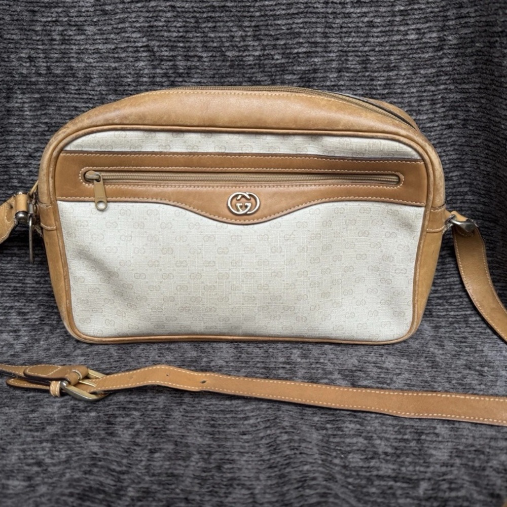 Vintage Gucci 90s Tan Leather Tan Leather Web Monogram Crossbody Bag